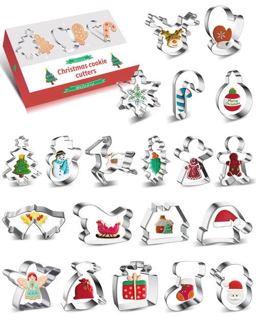20Pcs Christmas Cookie Cutters Winter Set with Decorating Instructions Stainless Steel Gingerbread Man Tree Snowflake Candy Cane Santa Snowman Gift Box And More