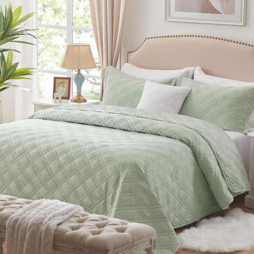 COZYART Sage Green Quilt Set Full/Queen Size, Bedspread Quilt Sets Soft Lightweight Quilted Coverlet Bedding Sets for All Season, 3 Pieces, 1 Quilt 2 Pillow Shams