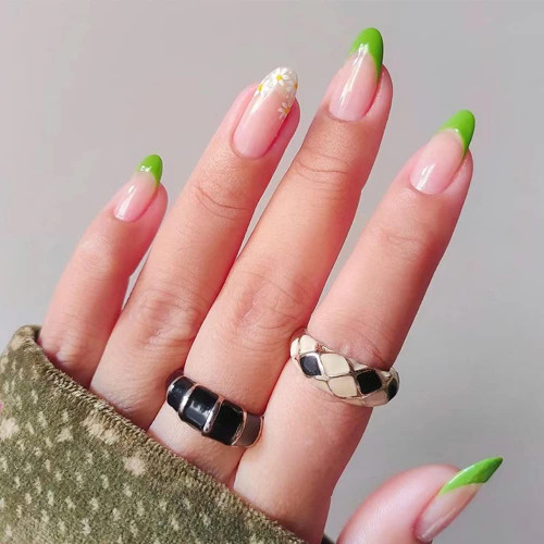 24pcs French Tip Press on Nails Almond Medium Fake Nails with Floral Design Green Glossy Full Cover False Nails Acrylic Glue on Nails for Women 24pcs French Tip Press on Nails Almond Medium Fake Nails with Floral Design Green Glossy Full Cover False Nails Acrylic Glue on Nails for Women