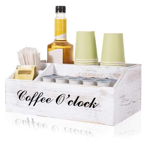 Coffee Station Organizer, Wooden Coffee Bar Accessories Organizer for Countertop, Rustic White Coffee Condiment Organizer, Farmhouse Coffee Caddy K cup Pod Holder Decor for Coffee Bar Kitchen Office