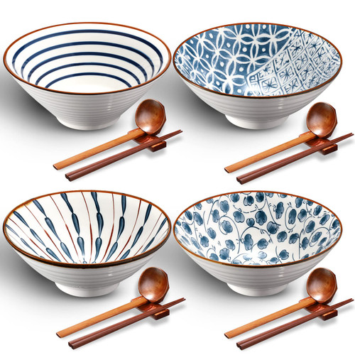 Zopeal Ceramic Ramen Bowl Set of 4 40 Ounce Japanese Large Ramen Bowls with Chopsticks and Spoons and Racks Ceramic Ramen Asian Soup Bowl Stand for Udon Soba Pho Asian Noodles Soup Ramen Salad Pasta