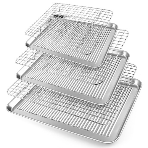 TeamFar Baking Sheet with Cooling Rack Set, Stainless Steel Cookie Sheet Toaster Oven Pan with Baking Rack, Healthy & Non Toxic, Corrugated Bottom & Dishwasher Safe (3 Pans + 3 Racks)