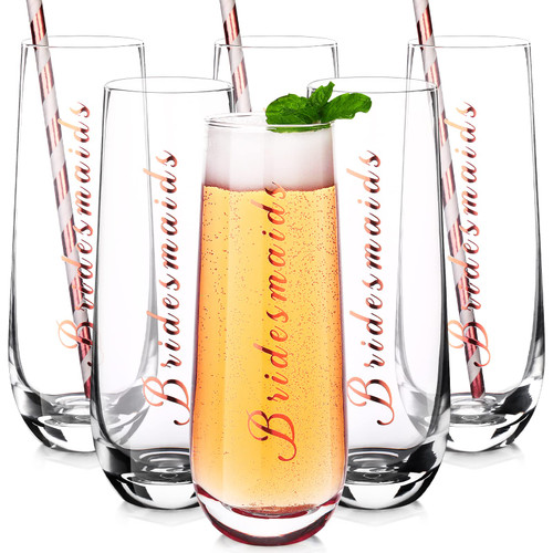 Nuenen 6 Pieces Bridesmaid Champagne Flutes Bridesmaids Gifts Cups Stemless Champagne Cocktail Glass with Straw Maid of Honor Bridal Shower Gift Wedding Bachelorette Party Supplies, 10.5 oz
