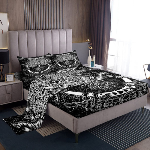 Erosebridal Butterfly Sheets Queen Tree of Life Bed Sheets Sun and Moon Sheet Set,Celestial Star Flat Sheet Black and White Skeleton Fitted Sheet 4pcs Starry Sky Constellation Home Decor