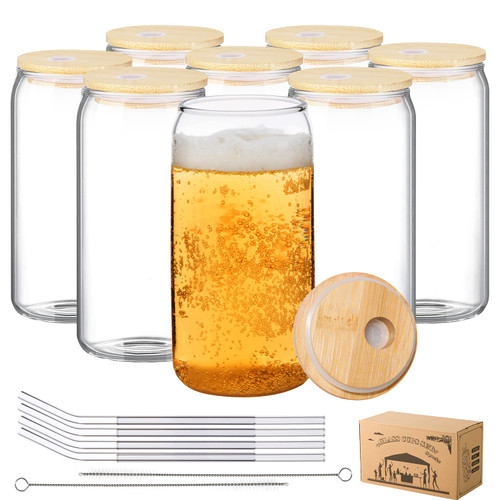 MMonDod 8 Pack Glass Cups with Lids and Straws,Iced Coffee Cup,Glass Beer Cups with Bamboo Lids and Straws,Can Shaped Glass Cups,Glass Soda Can Cup,16 oz Can Tumbler Glasses with Lid and Straw MMonDod 8 Pack Glass Cups with Lids and Straws,Iced Coffee Cup,Glass Beer Cups with Bamboo Lids and Straws,Can Shaped Glass Cups,Glass Soda Can Cup,16 oz Can Tumbler Glasses with Lid and Straw