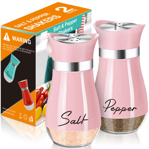 Salt and Pepper Shakers Set,4 oz Glass Bottom Salt Pepper Shaker with Stainless Steel Lid for Kitchen Cooking Table, RV, Camp,BBQ Refillable Design (Pink)