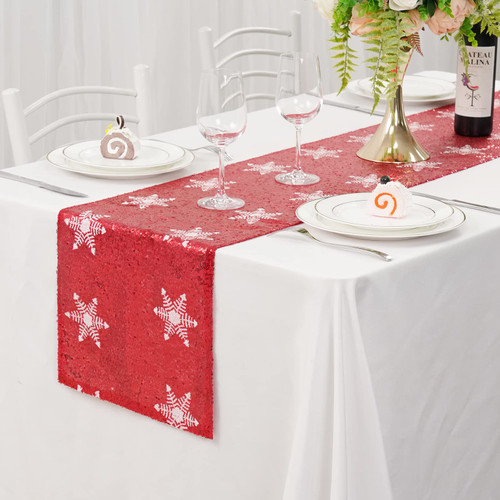 TRLYC Christmas Table Runner - White Snowflake Pattern Red Sequin Table Runner-12 x72In