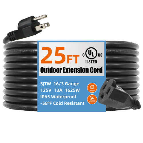 SJTW UL Listed 3 Prong Indoor Outdoor Extension Cord 25 FT, 16 Gauge Extension Cord 13A 125V 1625W, Flame & Cold Retardant, Black Outdoor Extension Cord Waterproof, 3 Prong Extension Cord 25 FT
