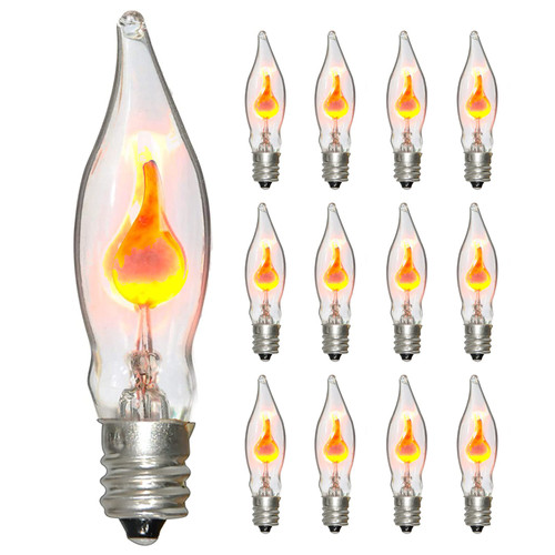 Christmas Flicker Flame Light Bulbs, Clear Flame Tip Candelabra Bulbs, Window Candles Replacement Bulbs with Orange Flame, 1 Watt, E12 Candelabra Base, 12 Pack