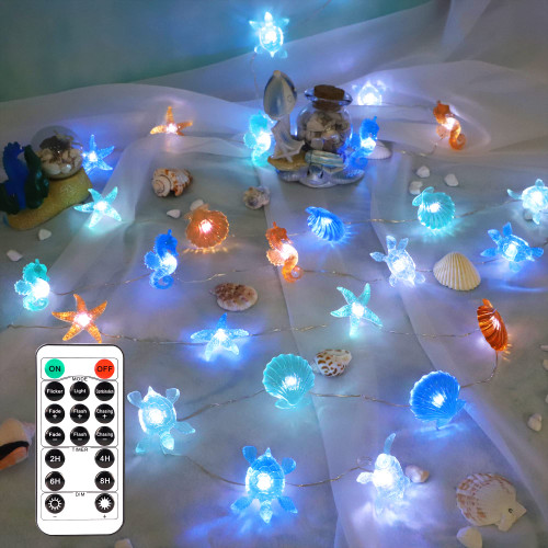 GORGE MOMENT String Lights, Nautical Theme Sea Turtle Starfish Seahorse Scallop Decorative with Remote and Timer, 30LED 10FT, USB / Battery Operated for Home Party Kitchen Holidays Camping Wedding