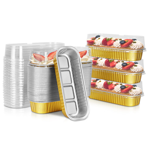 HEYYUMI Disposable Mini Loaf Pans with Lids, 50pcs 6.8oz Aluminum Foil Narrow Cake Pans,Rectangle Cupcake Baking Cups Ramekins Tins Liners Containers Flans for Bread Muffin Brownie Cheesecake(Gold)