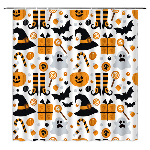 VPUPCN Halloween Shower Curtain Spooky Cute Ghost Scary Pumpkin Witch Hat Black Bat Trick or Treat Funny Cartoon Happy Holiday Polyester Curtains Bathroom Decor with Hooks 70wX70h Inch