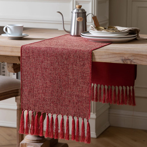ZeeMart Red Table Runners 72 Inches Long, Burlap Linen Style Rustic Farmhouse Table Runner, Boho Woven Dining Table Runner, 13x72 Inches, Red