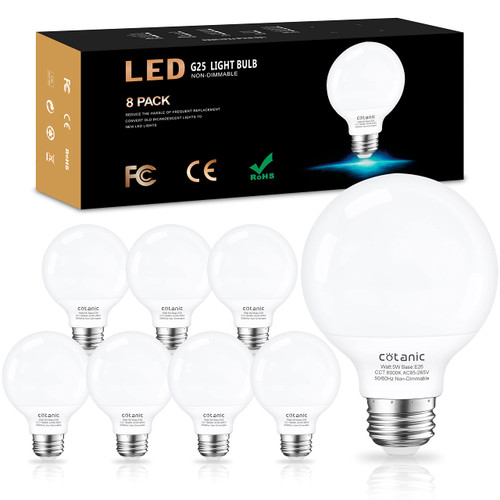 8 Pack LED Globe Light Bulbs 6000K Daylight White, Cotanic G25 Globe Vanity Light Bulbs, E26 Standard Base, 5W, 60 Watt Equivalent Incandescent Replacement, 500LM, Non-Dimmable