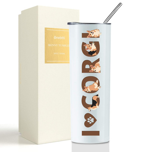 Onebttl Corgi Skinny Tumbler Gifts For Women, Female, Her and Corgi lovers - I Love Corgi - 20oz/590ml Stainless Steel Insulated Tumbler with Straw, Lid, Message Card - (White)