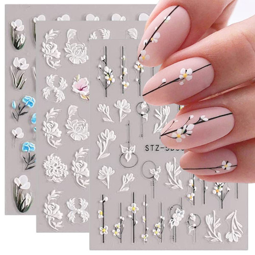5D Embossed Flowers Nail Art Stickers Decals, 3Sheets Engraved Flower Nail Stickers for Nail Art Decorations Supplies Elegant Wedding Nail Design Adhesive Sliders Decals for Women DIY Manicure Tips