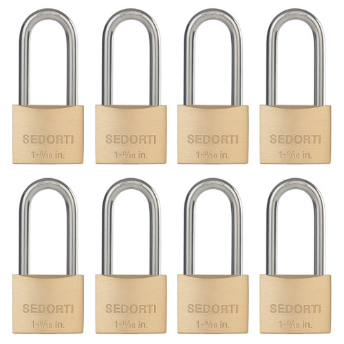 SEDORTI Weatherproof Padlock with Stainless Steel 304 Long Shackle and Solid Brass Body, 1-9/16 in. Wide, 8 Padlocks Keyed Alike, Marine Grade Rustproof Lock for Outdoors Use