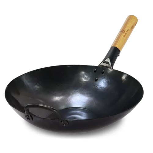 Letschef Carbon Steel Wok 13.5" Pre-seasoned Flat Bottom Hand Hammered Woks & Stir-Fry Pans with Bamboo and Steel Helper Handle
