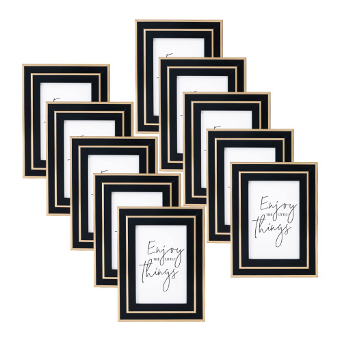 ArtbyHannah 10 Pack 4x6 Inch Modern Black Gold Picture Frame Set with High Definition Glass for Tabletop Display and Wall Mounting Photo Frame for Wedding or Home Decoration