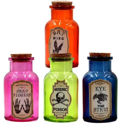 Cokaniy Halloween Glass Potion Bottle,4 Set of Apothecary Bottles with 8pcs Halloween labels Stickers,Colorful Glass Decorative Jar, Corked Bottle, Halloween Tiered Tray Decor Witchcraft Supplies