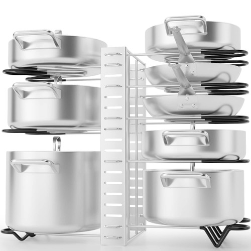 G-TING Pot Rack Organizers, 8 Tiers Pots and Pans Organizer for Kitchen Organization & Storage, Adjustable Pot Lid Holders & Pan Rack, Lid Organizer for Pots and Pans With 3 DIY Methods(Silver)