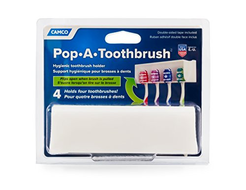 Camco A Pop-A-Toothbrush Wall Mounted Holder With Germ Protecting Cover, Perfect For Traveling, Dorm Bathrooms and More, Holds 4 Toothbrushes- (White) (57204)