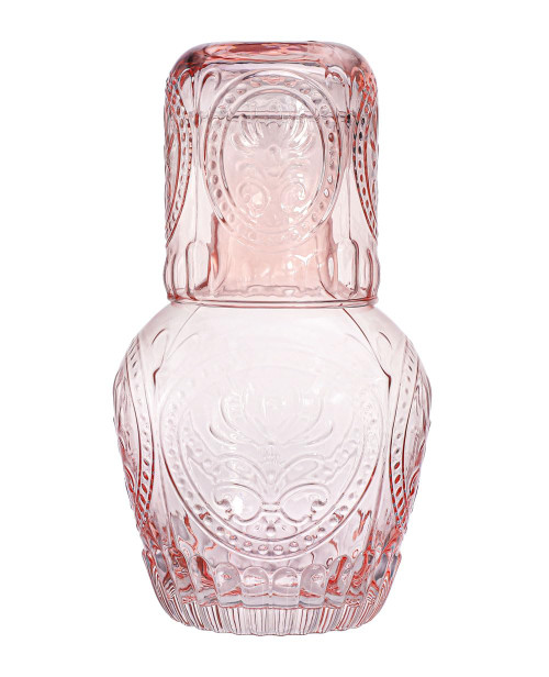 RockTrend Retro Relief Glass Bedside Night Water Carafe with Tumbler Glass, Pitcher And Cup Night Set-Pink