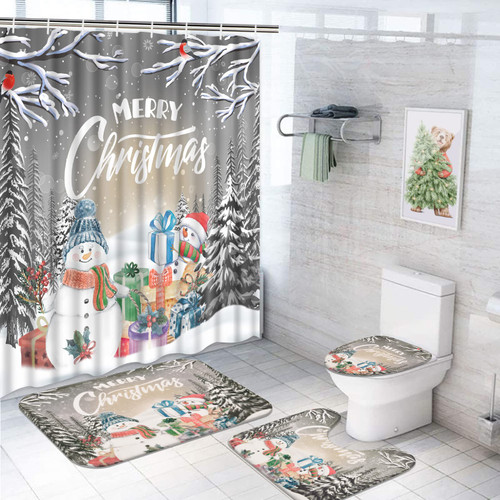 Ikfashoni 4 Pcs Merry Christmas Shower Curtain Set with Non-Slip Rugs, Toilet Lid Cover and Bath Mat, Xmas Snowman Snowflake Shower Curtain with 12 Hooks, Xmas Trees Gift Shower Curtain for Bathroom