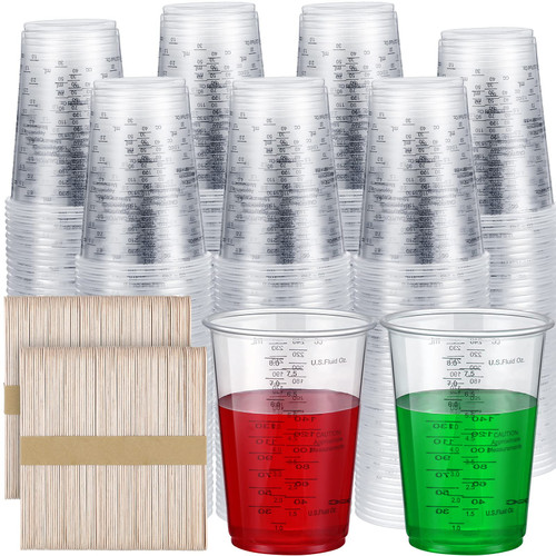 300 Pieces 8 oz Plastic Measuring Cups with 300 Wooden Mixing Sticks Disposable Measuring Cups for Epoxy Resin Mixing Cups for Liquid Measuring, Paint Mixing, Cooking and Baking