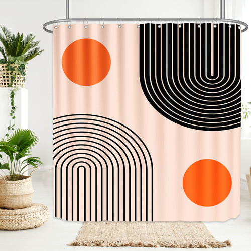 tubeamin Mid Century Shower Curtain Modern Minimalist Boho Sun Rainbow Geometric Shower Curtains Set Contemporary Abstract Aesthetic Art Bathroom Curtain Decoration with 12 Hooks Beige, 72x72 Inch