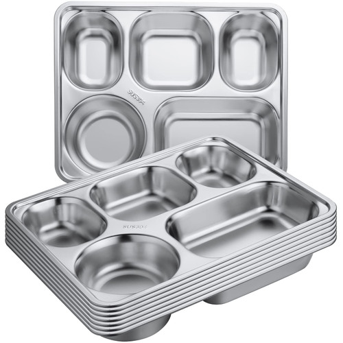 8 Pieces Stainless Steel Divided Dinner Tray Rectangular 5 Sections Dinner Plates Metal Portion Control Plate Divided Plates Campers Compartment Plates Serving Plate Dividers