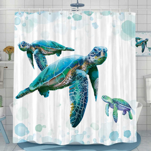 VEIGIKE Sea Turtle Shower Curtain for Bathroom, Ocean Sea Green Teal Turtle Fabric Shower Curtains Set, Coastal Beach Nautical Kids Restroom Decor Accessories with Hooks 72X75Inches