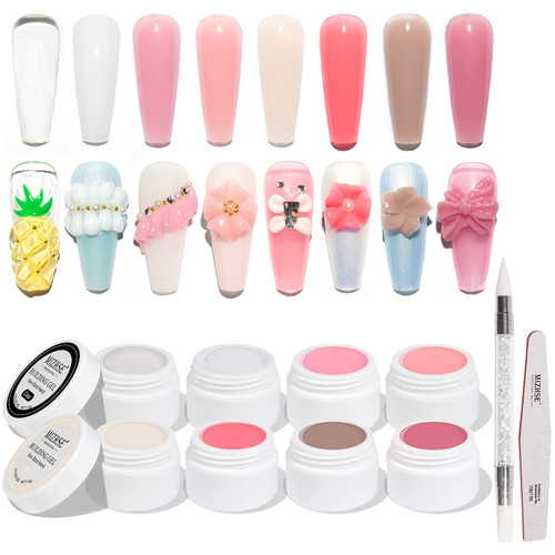 MIZHSE Solid Builder Gel Kit 8 Colors, Hard Gel for Nails Non Sticky Solid Builder Gel Nail Extension Kit Sculpture Gel Clear Pink White with Silicone Pen Nail File for Carving Modeling Nail Art Gift