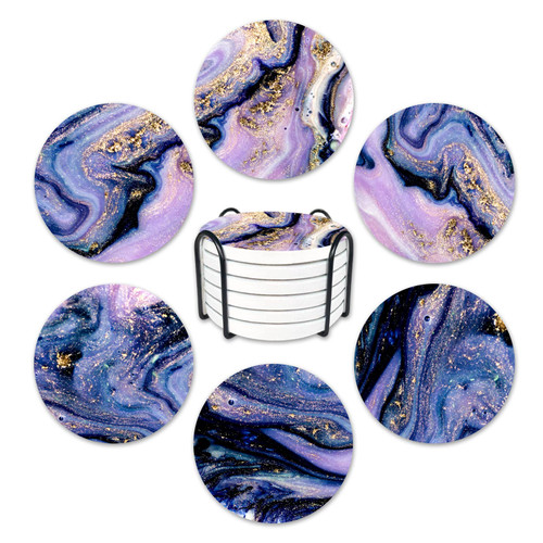 Artso Coasters for Drinks Absorbent Ceramic Stone Coaster for Coffee Table Wooden Table, Set of 6 Marble Drink Coaster with Cork Base, Housewarming Gift Bar Home Deco, 4 Inch,Purple Marble