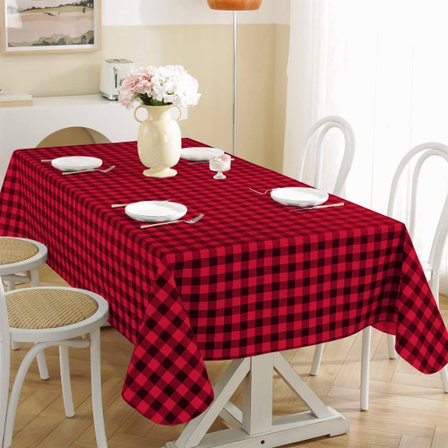 SASTYBALE Buffalo Plaid Vinyl Tablecloth Rectangle 52 x 70 Inch with Flannel Backing, Waterproof & Anti-Slip Heavy Weight Table Cloth, Plastic Table Cover for Dining, Party & Indoor, Red and Black