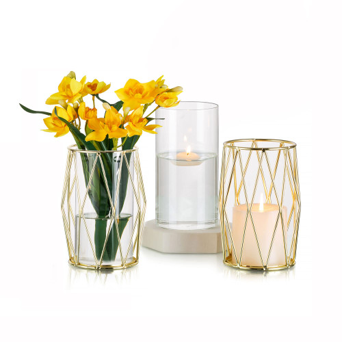 Glasseam Gold Candle Holder for Pillars: Set of 2 Geometric Metal Glass Candle Cylinder Vase Hurricane Candle Holders for Flower for Wedding Events Party Home Room Table Centerpiece Decor, 6.3''