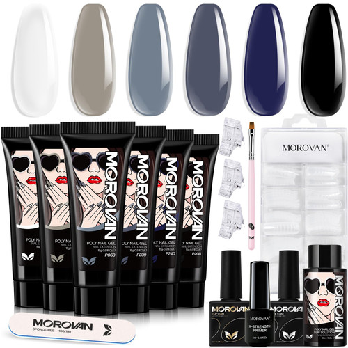Morovan Poly Gel Nail Kit Poly Extension Nail Gel All In One Kit with Slip Solution Glitter Color Changing Poly Gel Nail French Nail Art Equitment DIY Poly Gel Kits for Starter Professional Poly Nail Kit