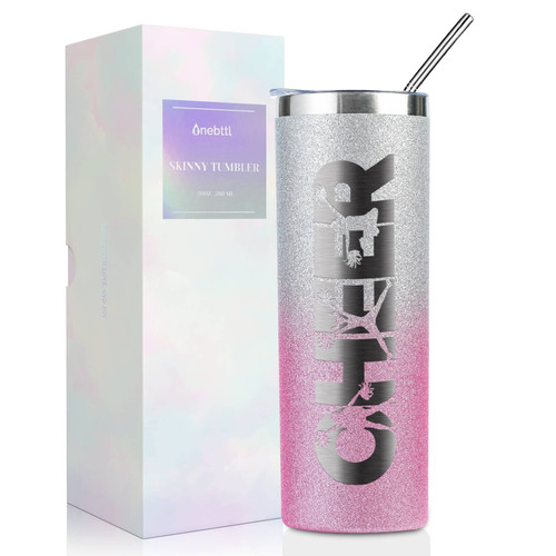 Onebttl Cheerleader Glitter Tumbler Gifts For Girls - Cheer - 20oz/590ml Stainless Steel Insulated Tumbler with Straw, Lid - Gift for Cheerleading, Coach or Cheer Squad - (Pink-Sliver Gradient)