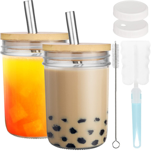 zunmial 2 Pack Smoothie Cup Boba Cup,16oz Mason Jar With Bamboo Lid and Straw, Bubble Tea Cups Mason Jar Cups