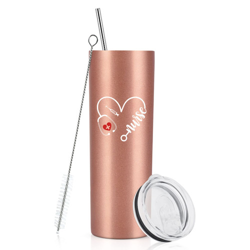 GINGPROUS Nurse Tumbler, Nursing Gifts for New Nurse Nurse Appreciation Gifts for Women Nurse Week Gifts Nurse Graduation Christma Gifts, 20oz Insulated Stainless Steel Skinny Tumbler, Rose Gold