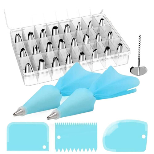 33 Piece Piping Bags and Tips Set with 24 Icing Piping Tips Nozzle, 2 Reusable Pastry Bags, Reusable Piping Icing Bags and Tips Kit for Cakes Cupcakes Cookies Decorate Baking Tools (Blue)
