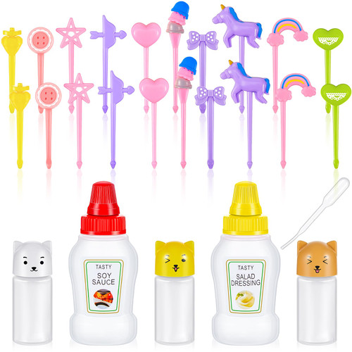 26 Pcs Lunch Bento Soy Sauce Case Container 5 Mini Plastic Condiment Squeeze Bottles Cute Kids Lunch Accessories with Dropper 20 Animal Food Picks for Honey Salad Sauces Oil Ketchup (Stylish Style)