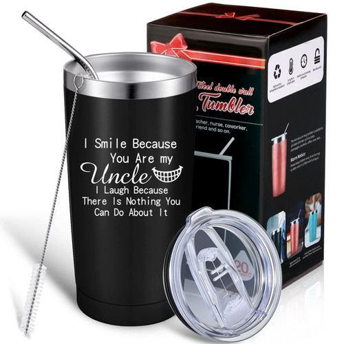 Uncle Gifts from Niece Nephew, Uncle Tumbler Mug I Smile Because You Are My Uncle Cup with Lid Straw Gift Box Uncle Father's Day Birthday Gift