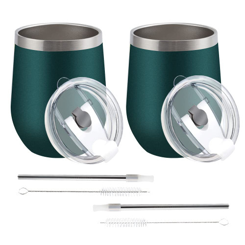 PLATINIUM Stainless Steel Wine Tumbler(2 Pack),12oz Vacuum Insulated Wine Tumbler with 2 in 1 Lid and Straw,Keep Cold & Hot,Leak-Proof,Dishwasher Safe,Perfect for Travel & Outdoors|Dark Green