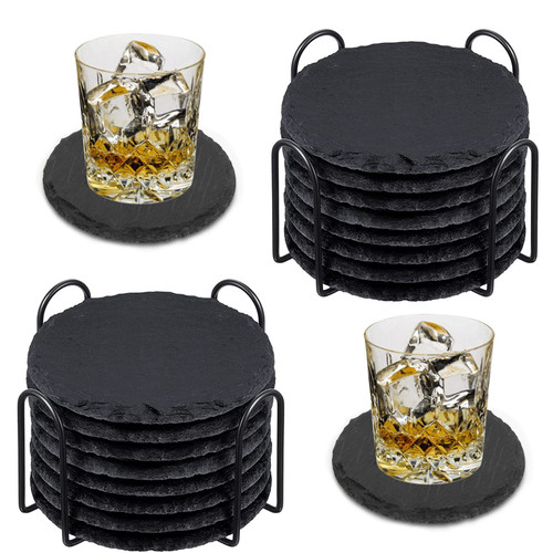 16PCS 4 Inch Slate Coasters Bulk Black Coasters with Holder, Square Slate Stone Cup Coaster, Handmade Natural Slate Stone Coasters with Anti Scratch Bottom for Drink Bar Kitchen Home Decor DIY Project