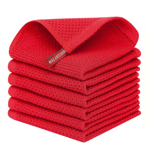 Kitinjoy 100% Cotton Kitchen Dish Cloths, 6 Pack Waffle Weave Ultra Soft Absorbent Dish Towels for Drying Dishes Quick Drying Kitchen Towels Dish Rags, 12 X 12Inch, Red