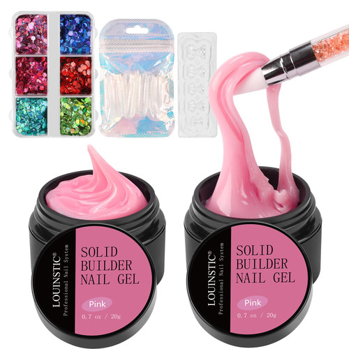 LOUINSTIC Solid Builder Gel for Nails - 2pcs Pink Hard Gel builder for nails Non-Stick Solid Builder Nail Gel Kit for Nail Extension Sculpture 3D Modeling Nail Art Salon Home Use(0.7oz, Need Curing)