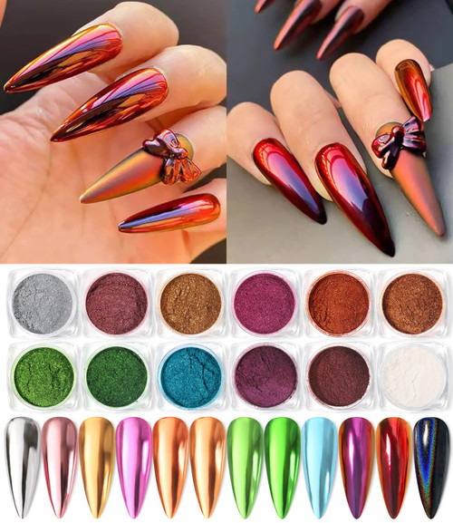 Chameleon Nail Chrome Powder 12 Colors Rose Gold Purple Holographic Powder High Gloss Reflective Effect Glitter Metallic Pigment with 12 Eyes Shadow Brushes