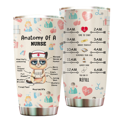 MUGSTON Anatomy Of A Nurse Tumbler Cup With Lid Gift For Nurse - Nurse Work Coffee Mug - Nurse Gifts For Birthday, Appreciation Week, Graduation - Stainless Steel 20oz Cat Tumbler
