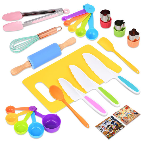 FUQUN 24 Pieces toddler knife, Kids Knife Set Include Wood Kids Safe Knife, Cutting Board, Crinkle Cutter, Kids Safe Cooking Knives, Serrated Edges Plastic Toddler Knife Kids Knives for Real Cooking